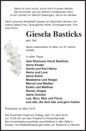 Traueranzeige von Giesela Basticks von Mecklenburger Schweiz