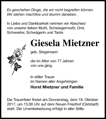 Traueranzeige von Giesela Mietzner von Mecklenburger Schweiz