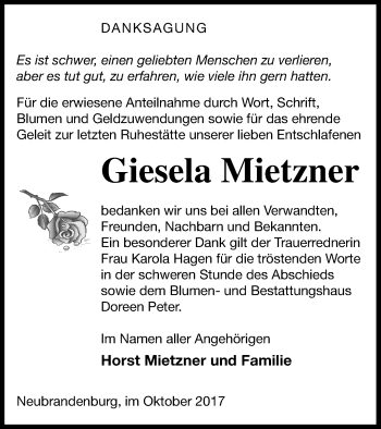 Traueranzeige von Giesela Mietzner von Mecklenburger Schweiz