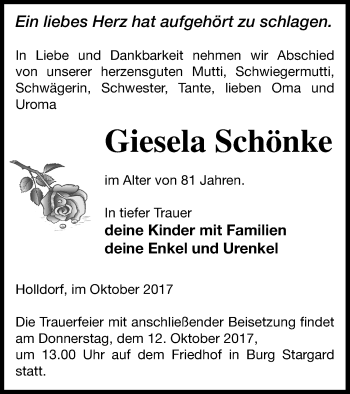 Traueranzeige von Giesela Schänke von Neubrandenburger Zeitung