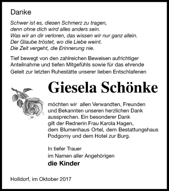 Traueranzeige von Giesela Schönke von Neubrandenburger Zeitung