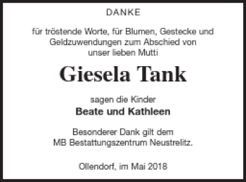 Traueranzeige von Giesela Tank von Strelitzer Zeitung