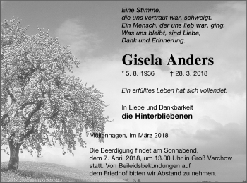 Traueranzeige von Gisela Anders von Müritz-Zeitung