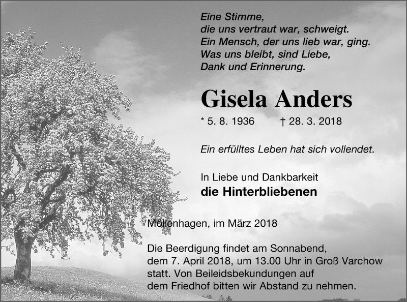  Traueranzeige für Gisela Anders vom 03.04.2018 aus Müritz-Zeitung