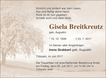 Traueranzeige von Gisela Breitkreutz von Demminer Zeitung