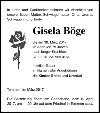 Traueranzeige von Gisela Böge von Templiner Zeitung