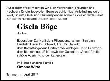 Traueranzeige von Gisela Böge von Templiner Zeitung