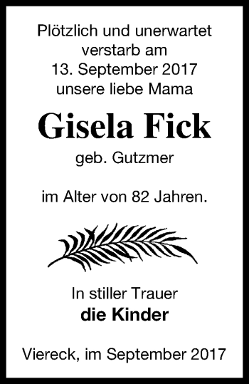 Traueranzeige von Gisela Fick von Pasewalker Zeitung