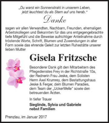 Traueranzeige von Gisela Fritzsche von Prenzlauer Zeitung