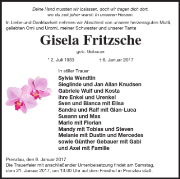 Traueranzeige von Gisela Fritzsche von Prenzlauer Zeitung