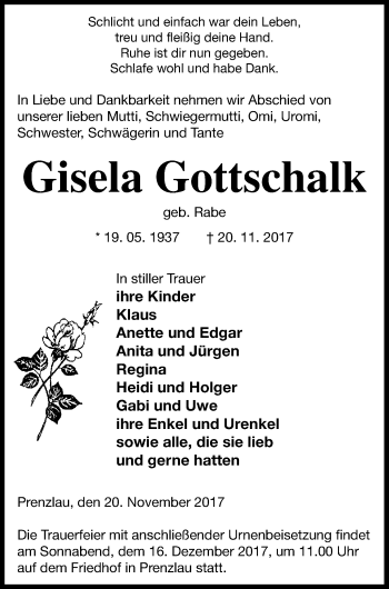 Traueranzeige von Gisela Gottschalk von Prenzlauer Zeitung