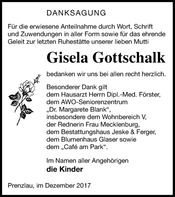 Traueranzeige von Gisela Gottschalk von Prenzlauer Zeitung