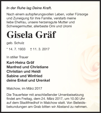 Traueranzeige von Gisela Gräf von Müritz-Zeitung