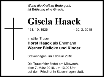 Traueranzeige von Gisela Haack von Mecklenburger Schweiz