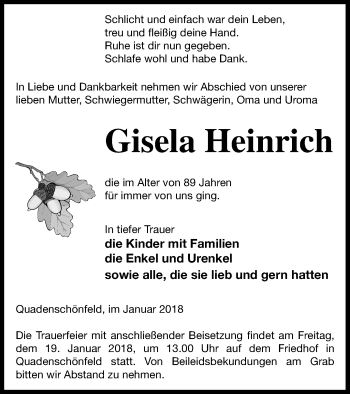 Traueranzeige von Gisela Heinrich von Strelitzer Zeitung