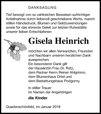 Traueranzeige von Gisela Heinrich von Strelitzer Zeitung