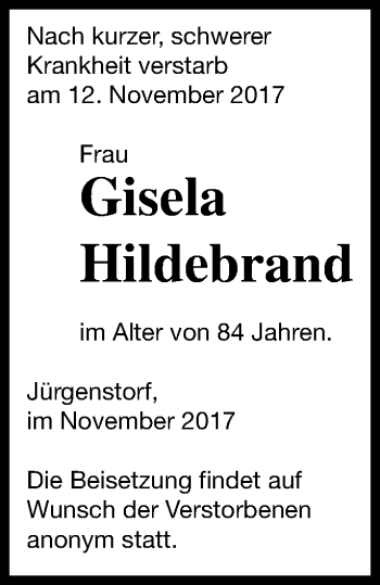 Traueranzeige von Gisela Hildebrand von Mecklenburger Schweiz