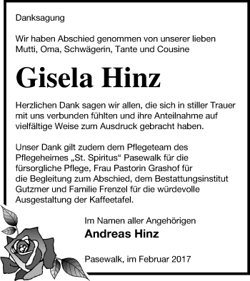 Traueranzeige von Gisela Hinz von Pasewalker Zeitung