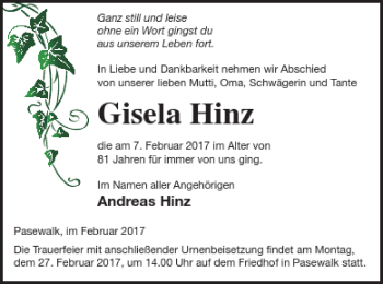 Traueranzeige von Gisela Hinz von Pasewalker Zeitung