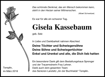 Traueranzeige von Gisela Kassebaum von Templiner Zeitung