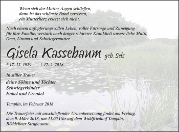 Traueranzeige von Gisela Kassebaum von Templiner Zeitung