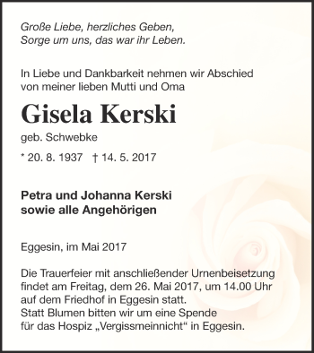 Traueranzeige von Gisela Kerski von Haff-Zeitung