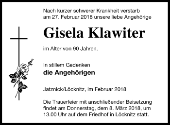 Traueranzeige von Gisela Klawiter von Pasewalker Zeitung