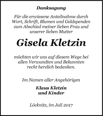 Traueranzeige von Gisela Kletzin von Pasewalker Zeitung