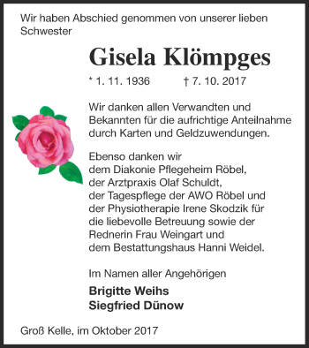 Traueranzeige von Gisela Klömpges von Müritz-Zeitung