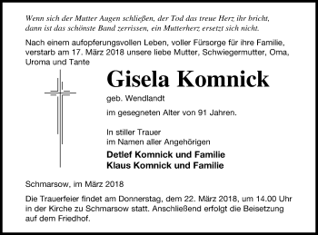 Traueranzeige von Gisela Komnick von Pasewalker Zeitung