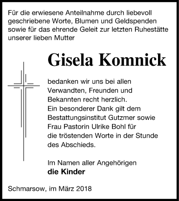 Traueranzeige von Gisela Komnick von Pasewalker Zeitung