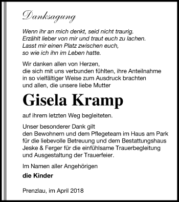 Traueranzeige von Gisela Kramp von Prenzlauer Zeitung