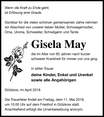 Traueranzeige von Gisela May von Vorpommern Kurier