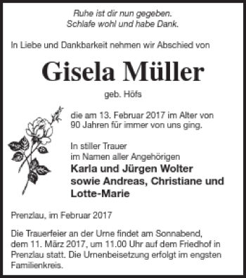 Traueranzeige von Gisela Müller von Prenzlauer Zeitung