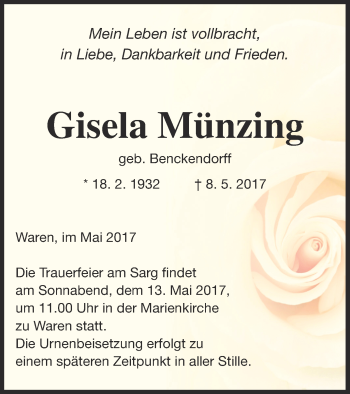 Traueranzeige von Gisela Münzing von Müritz-Zeitung