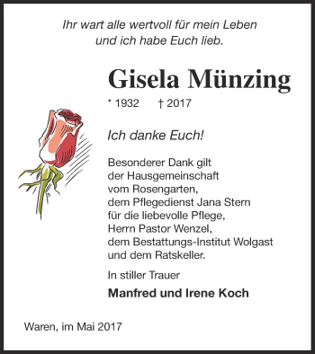 Traueranzeige von Gisela Münzing von Müritz-Zeitung