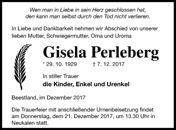 Traueranzeige von Gisela Perleberg von Demminer Zeitung