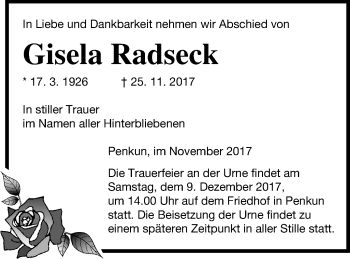 Traueranzeige von Gisela Radseck von Pasewalker Zeitung