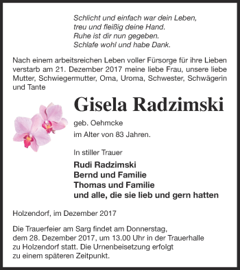 Traueranzeige von Gisela Radzimski von Strelitzer Zeitung