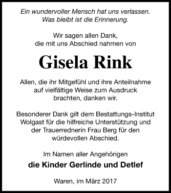 Traueranzeige von Gisela Rink von Müritz-Zeitung