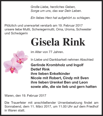 Traueranzeige von Gisela Rink von Müritz-Zeitung