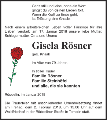 Traueranzeige von Gisela Rösner von Templiner Zeitung