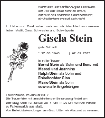 Traueranzeige von Gisela Stein von Prenzlauer Zeitung