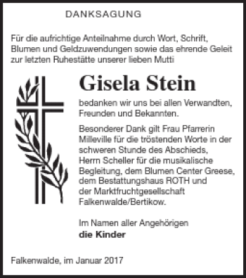 Traueranzeige von Gisela Stein von Prenzlauer Zeitung