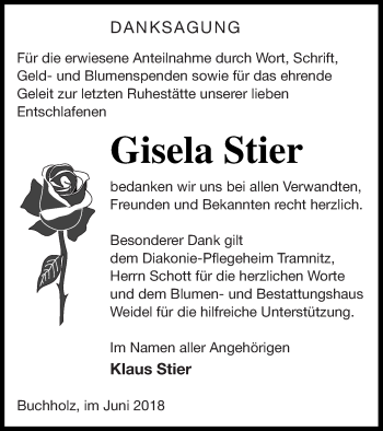 Traueranzeige von Gisela Stier von Müritz-Zeitung