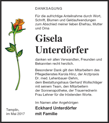 Traueranzeige von Gisela Unterdörfer von Templiner Zeitung