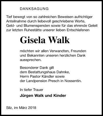 Traueranzeige von Gisela Walk von Müritz-Zeitung