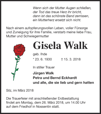 Traueranzeige von Gisela Walk von Müritz-Zeitung