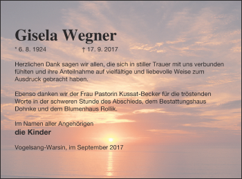 Traueranzeige von Gisela Wegner von Haff-Zeitung