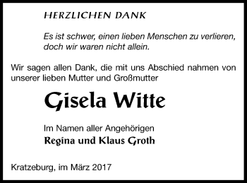 Traueranzeige von Gisela Witte von Strelitzer Zeitung